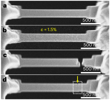 Four scanning electron microscopy frames showing progressive deformation and failure of a microscale specimen
