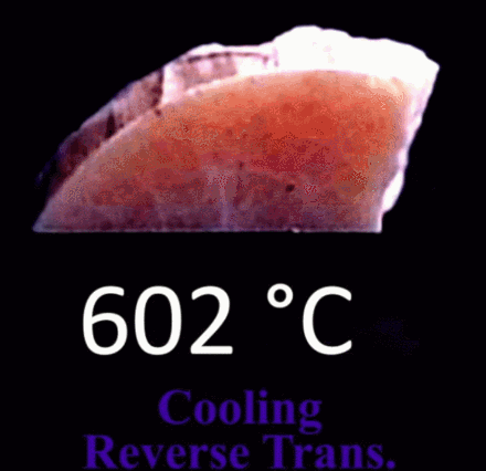 A shape-memory ceramic specimen changing shape during cooling at 602 degrees Celsius