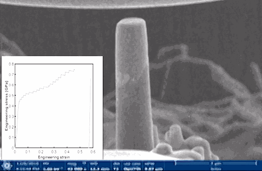 Animated in situ micro-compression of a microscopic pillar with synchronized mechanical response