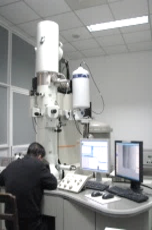 Researcher operating a transmission electron microscope